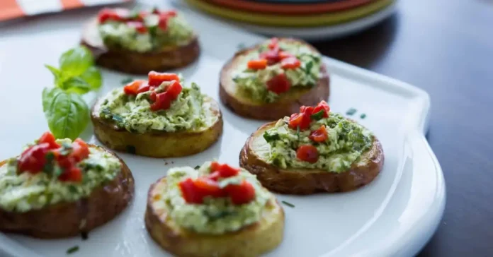 Roasted Potato Crostini with Pesto Cheese